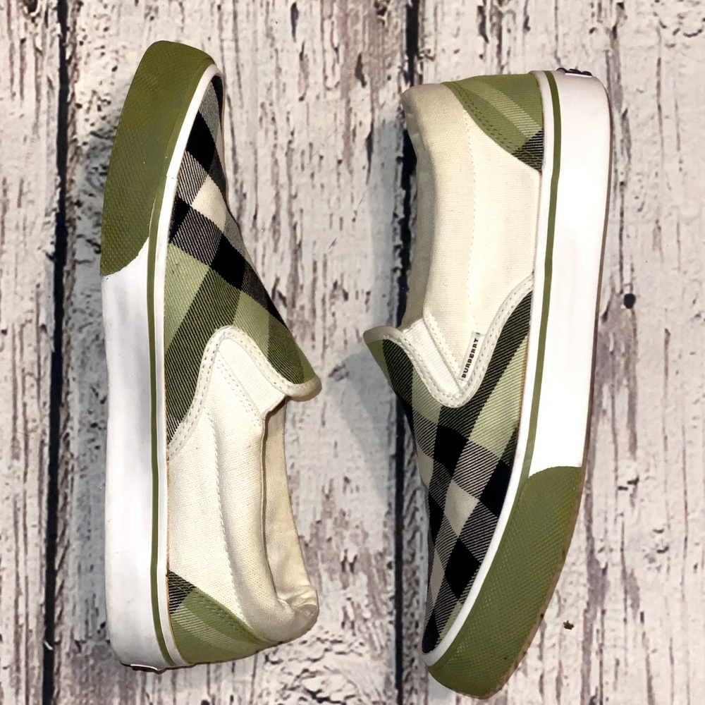 Burberry Green Black White Check Slip-On Sneakers - Picture 2 of 9